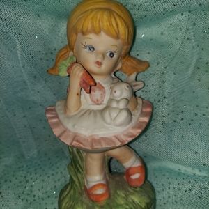 Vintage HOMCO Figurine Girl Bunny Rabbit Carrots Porcelain Marked on Bottom